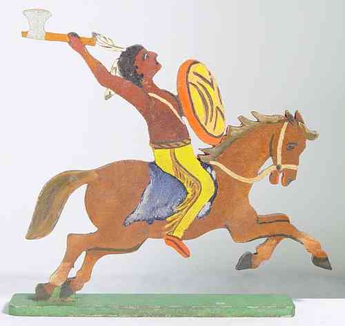 Indianer zu Pferd mit Tomahawk und Schild